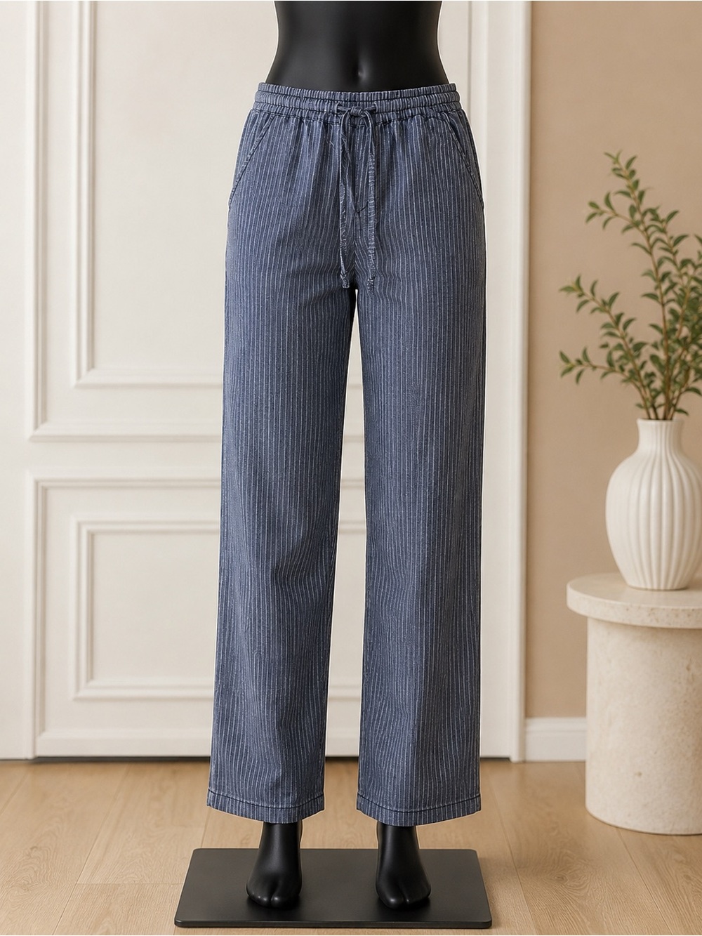 Merona Blue Pinstripe Linen Blend Drawstring Wide Leg Pants Size M